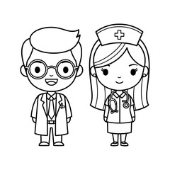 Cute cartoon illustration of a male doctor and a female nurse standing side by side in a simple line art style