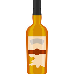 A pixelated illustration of a glass bottle filled with amber liquid with a black cap and a faded label on a transparent white background suitable for graphic design projects