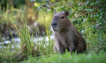 Fototapeta premium Capybara in natural habitat, surrounded by lush green vegetation, serene wildlife scene.