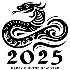 Shows a snake with “2025” and a double happiness symbol. Full-frame composition, black-white tone. Traditional style, festive background, with “2025” text.