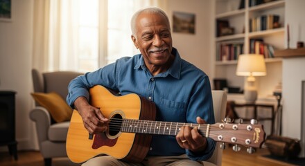 Elderly african male playing acoustic guitar in cozy living room setting