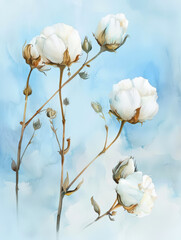 Cotton flowers on blue background. Watercolor painting. Close-up. Copy space.