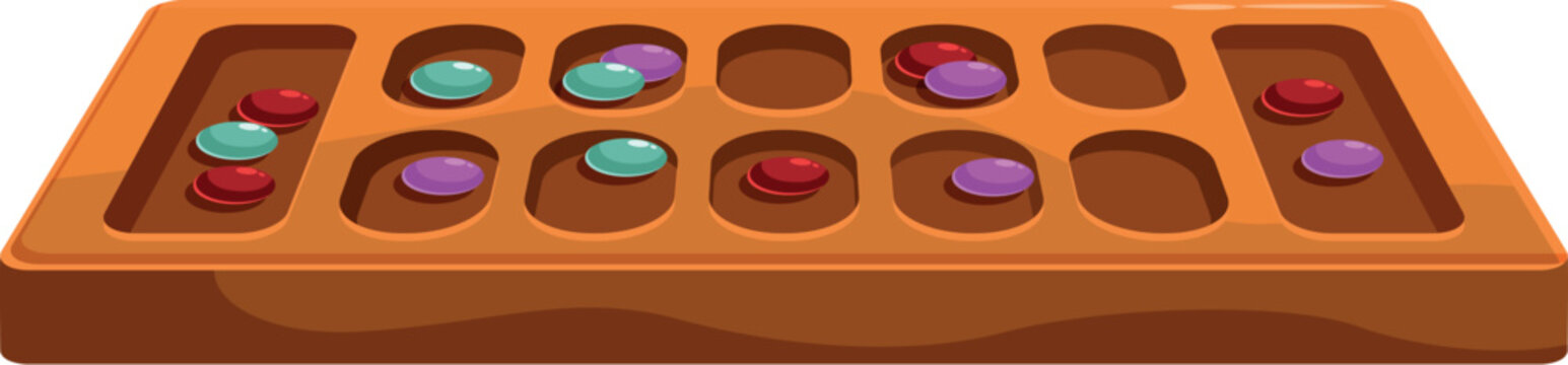 Mancala board game displaying colorful stones in oval shaped compartments, representing strategy, competition, and cultural heritage