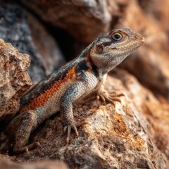 Colorful lizard perched on a textured rock formation, basking in sunlight.