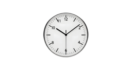 Classic oval white clock face with black roman numerals and hands isolated on transparent background