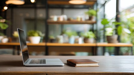Fototapeta premium modern office interior with open laptop and leather notebook on wooden desk, blurred background with plants and shelves, soft daylight
