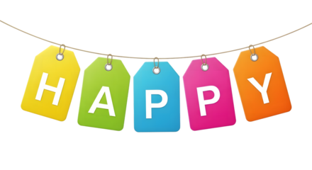 Colorful paper tags strung together spelling the word happy isolated on transparent background
