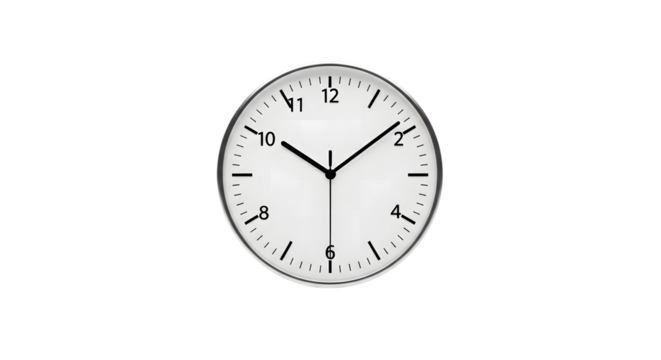 Classic oval white clock face with black roman numerals and hands isolated on transparent background