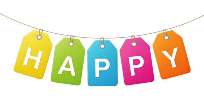 Colorful paper tags strung together spelling the word happy isolated on transparent background