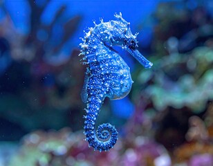 Blue Seahorse in Vibrant Aquarium Setting © Hidayatu