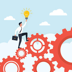 Businessman climbing red gears holding a bright idea lightbulb symbolizing innovation and success