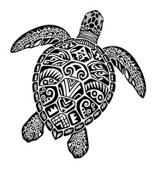 Fototapeta premium Intricate black and white tribal tattoo design of a sea turtle with detailed patterns and swirling motifs