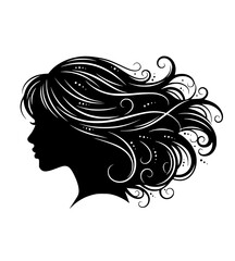 Elegant silhouette profile of a woman with flowing wavy hair detailed with intricate swirls and curls