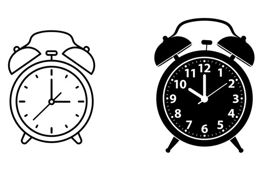 Two vintage alarm clocks one black silhouette and one white outline on a clean white background