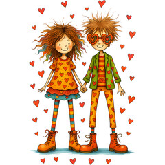 Couple Holding Hands - Quirky Valentine Clipart, Whimsical Quirky Love png, Cute Rainbow Hair Girl Illustrations, valentines Quirky cuteness sublimation
