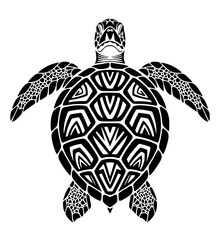 Fototapeta premium Detailed black and white illustration of a sea turtle with intricate tribal patterns on its shell and flippers swimming gracefully