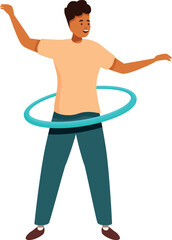 Happy man doing hula hooping exercise, having fun and burning calories