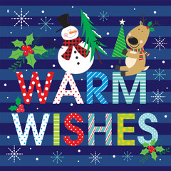 Christmas card with snowman, reindeer and snowman