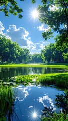 Fototapeta premium Sunny lake reflects a blue sky