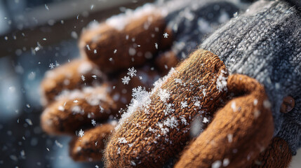 Close up of brown and gray knitted gloves covered in snowflakes during winter time