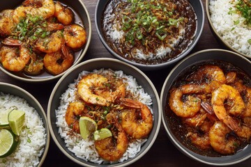 Delicious shrimp dishes served with rice and vibrant garnishes presented beautifully