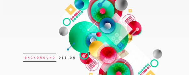 Abstract colorful design. Circles, squares, dots create modern background. Vibrant hues, geometric shapes, playful composition.