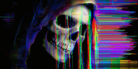 Neon horror skull close-up wallpaper 