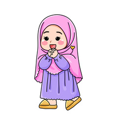 Cute Animated Girl in Hijab, Pink Headscarf, Purple Dress, Expressing Happiness.