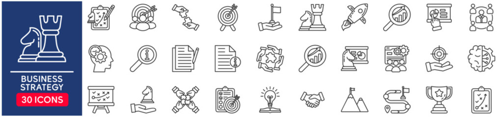 Business strategy set of web icons in line style. strategy, set, line, team, target, plan, outline, goal, puzzle, thin, people, solution