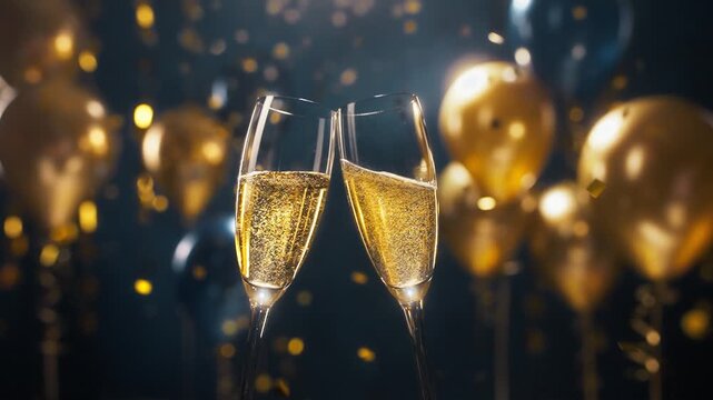 Champagne toast with balloons and confetti for festive celebration
