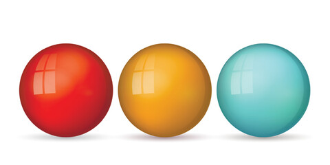 Set with glass colorful balls. Glossy realistic ball, 3D abstract vector illustration highlighted on a white background. Big metal bubble with shadow.