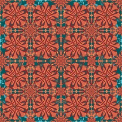 Fototapeta premium vector seamless pattern with flowers,brown, green curves ,painted create to pumpkins,ghosts,blue background in geometric patterns as sarong,fabric,tile,printed fabric,batik,tablecloth patterns.