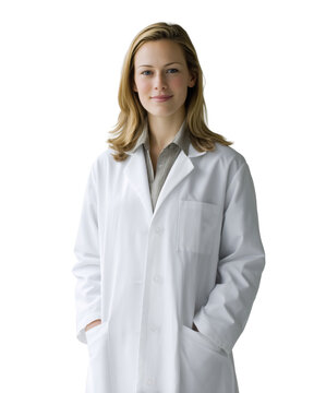 Female doctor in white lab coat smiling cut out