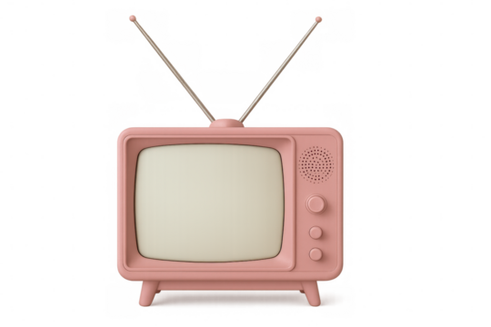 Pink retro television with rabbit ear antenna, old classic tv set displaying blank screen, vintage style electronic device