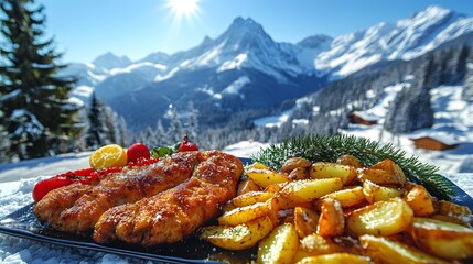 Scenic mountain landscape with delicious chicken dish and roasted potatoes under bright sun