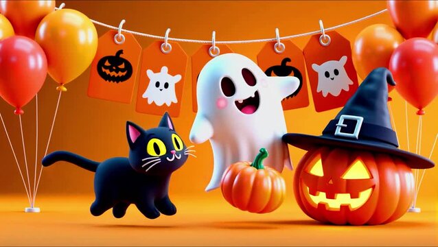 Halloween holiday cone witch hat, carved pumpkin, white scary ghost boo, black evil cat