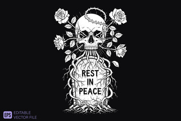 Skull and Roses with Rest in Peace Gravestone.