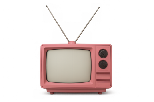 Pink vintage television with antenna, retro technology and entertainment concept, empty screen with copy space