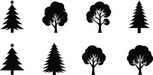 Collection of pine and deciduous tree silhouettes, black vector forest icons, minimal nature elements for design, landscape, and eco decoration