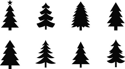 Vector collection of pine and Christmas tree silhouettes, black conifer icons for winter forest, holiday, and nature design projects