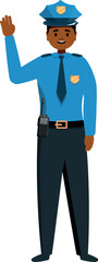 Smiling african american policeman waving hand, wearing blue uniform and tie, standing pose