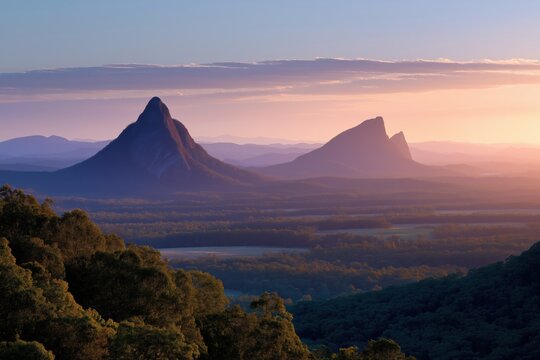 Majestic sunrise over glass house mountains scenic landscape in australia