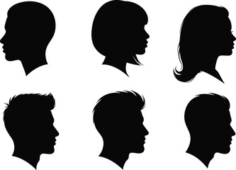 Silhouette profiles of men and women, black shadow faces, human head side view, vector illustration, isolated people portrait design