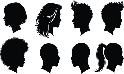 Silhouette profiles of diverse men and women, black shadow heads, human face side view, vector illustration, isolated people portrait design