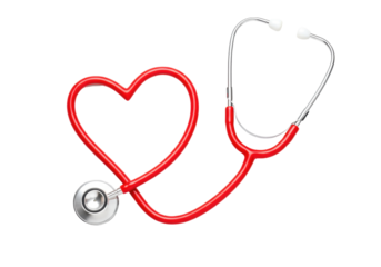 Red stethoscope forming a heart shape isolated on white, medical equipment for healthcare professionals and cardiology