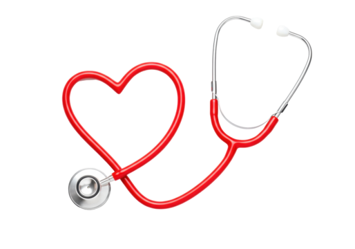 Red stethoscope forming a heart shape isolated on white, medical equipment for healthcare professionals and cardiology
