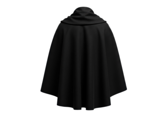 Black hooded cloak isolated on transparent background, medieval cape PNG for fantasy and cosplay costume design