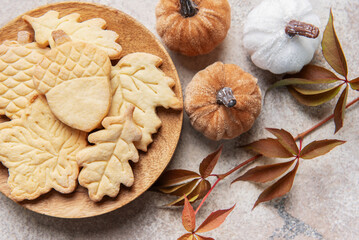 Autumn leaf and acorn cookies with festive pumpkins