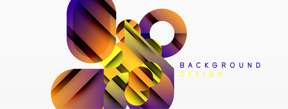 Abstract geometric shapes overlap, creating vibrant color gradients. Modern design with yellow text reads background design. Minimalist aesthetic.