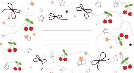 Sweet cherry stars and ribbon design with writing space for kids stationery or summer party invitation cards